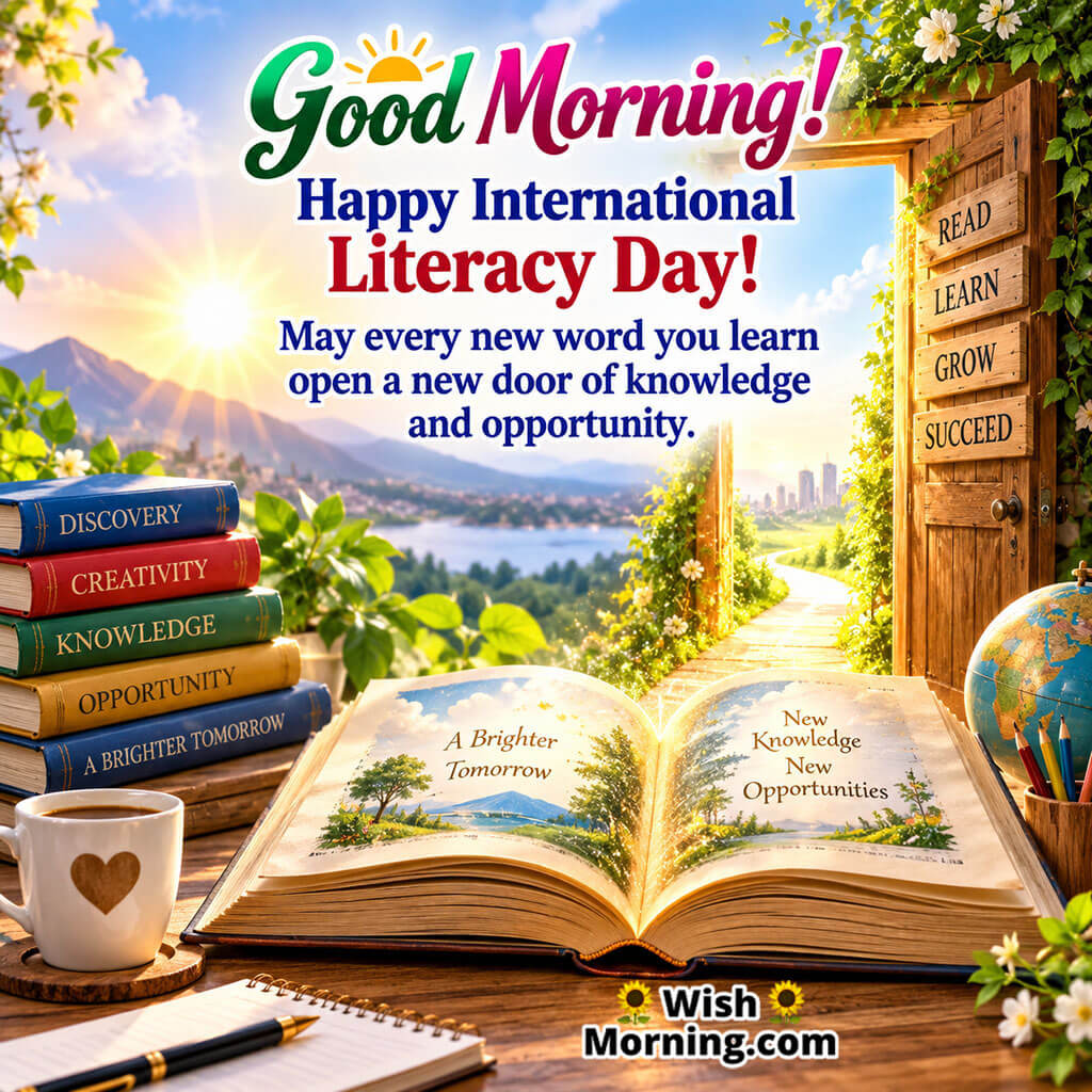 Good Morning International Literacy Day Image featuring an open book, colorful books, a sunny landscape, and a pathway symbolizing knowledge and new opportunities.