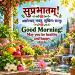Good Morning Sanskrit Image featuring a lotus-filled lake, rising sun, mountain landscape, flowering pavilion, and birds, symbolizing a bright and auspicious beginning to the day.