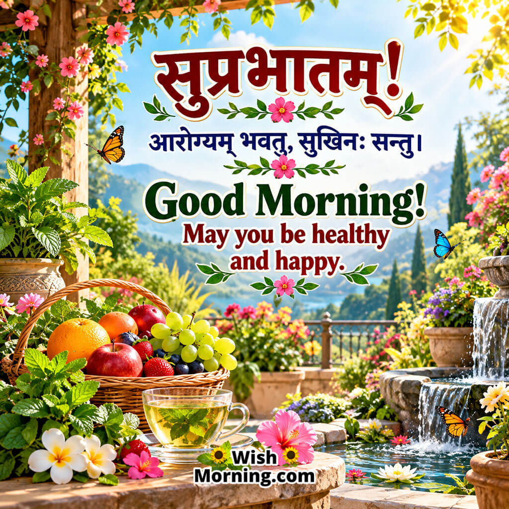 Good Morning Sanskrit Image featuring a lotus-filled lake, rising sun, mountain landscape, flowering pavilion, and birds, symbolizing a bright and auspicious beginning to the day.