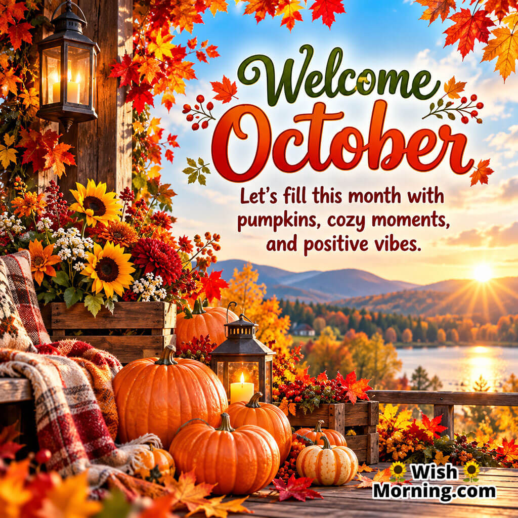Welcome October Autumn Image featuring pumpkins, sunflowers, autumn leaves, lanterns, a cozy blanket, and a scenic lake surrounded by fall mountains.