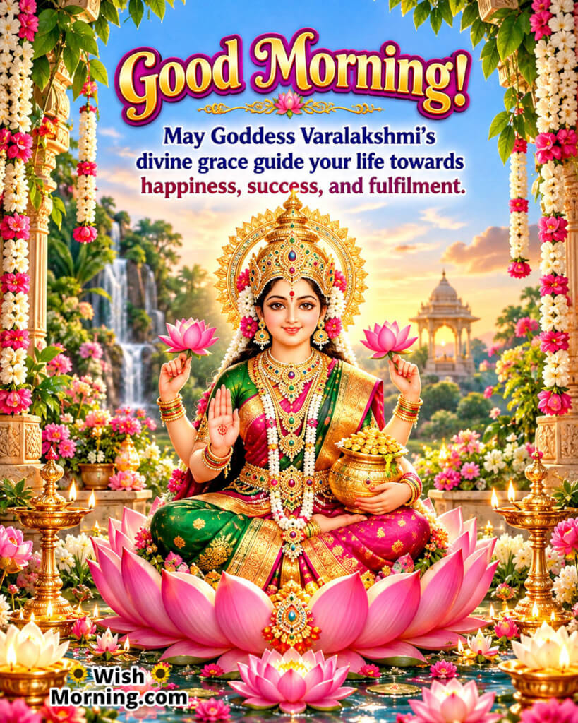 Good Morning Goddess Varalakshmi Divine Grace Blessing featuring Varalakshmi with a raised blessing hand, symbolizing divine grace and fulfilment.