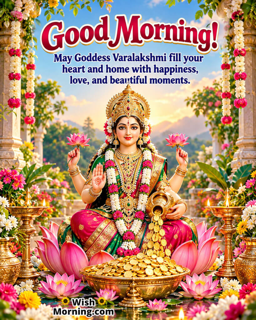 Good Morning Goddess Varalakshmi Happiness Blessing featuring Varalakshmi in a flower-filled divine garden, symbolizing joy and love.