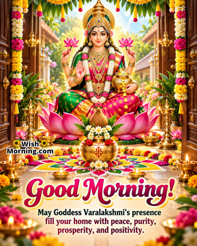 Good Morning Goddess Varalakshmi Home Blessing featuring Varalakshmi at a decorated sacred entrance, symbolizing prosperity and positivity.