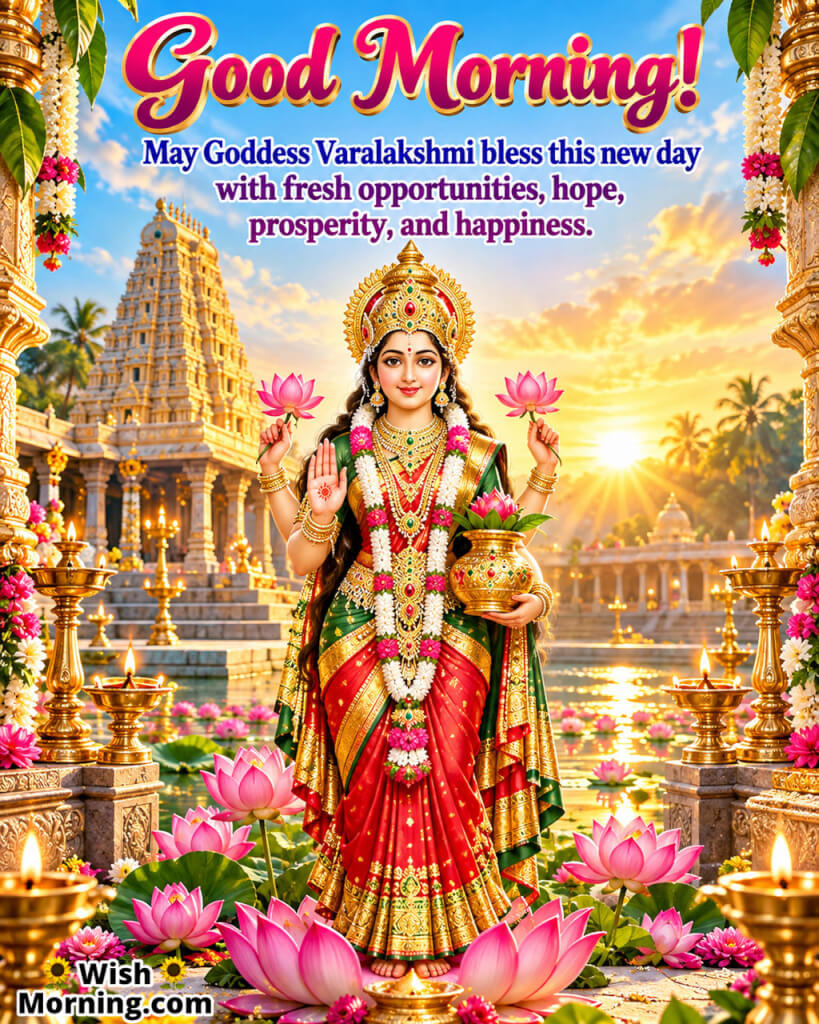 Good Morning Goddess Varalakshmi New Beginning Blessing featuring Varalakshmi at a golden temple sunrise, symbolizing hope and fresh opportunities.