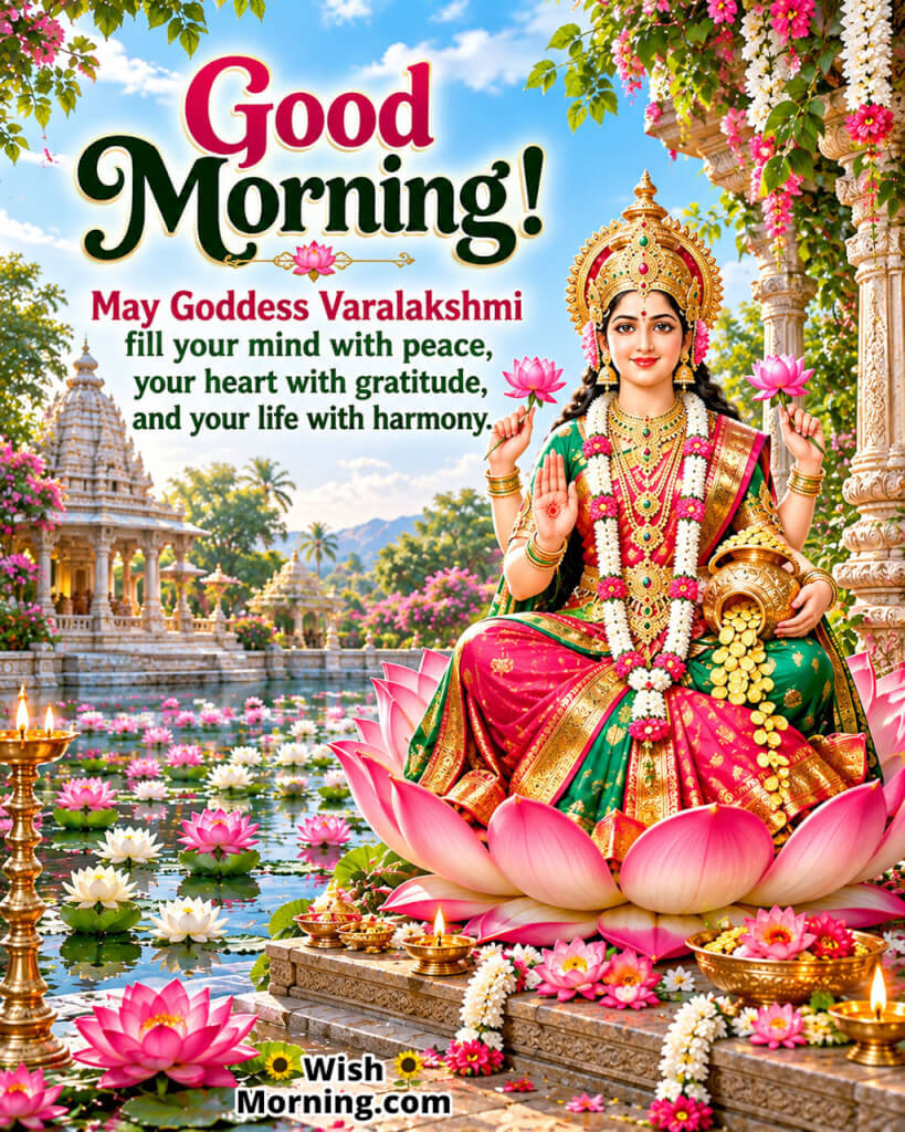 Good Morning Goddess Varalakshmi Peace Blessing featuring Varalakshmi beside a lotus-filled temple pond, symbolizing harmony and gratitude.