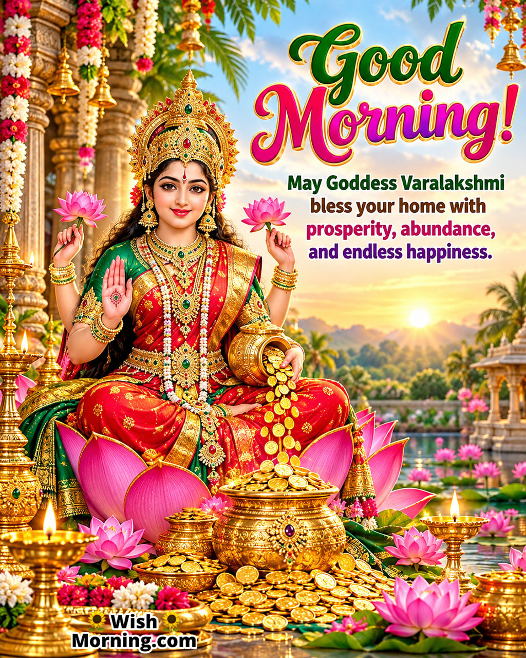 Good Morning Goddess Varalakshmi Prosperity Blessing featuring Goddess Varalakshmi with lotus flowers and golden blessings, symbolizing abundance and prosperity.