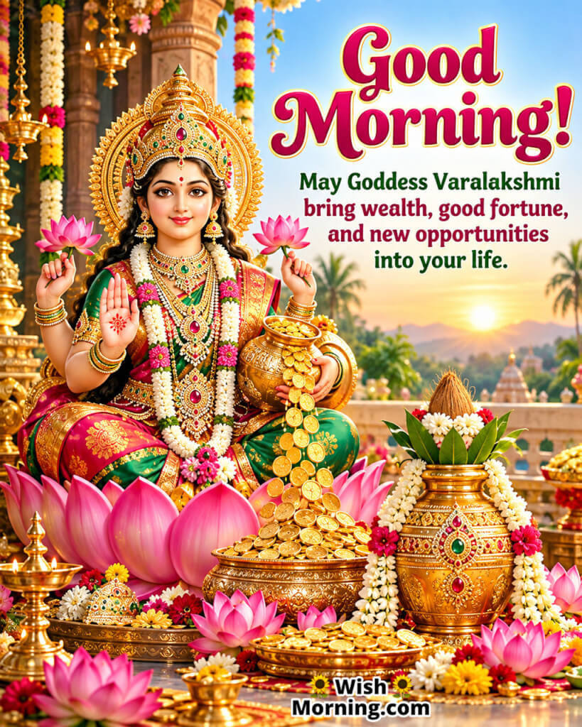 Good Morning Goddess Varalakshmi Wealth Blessing featuring Varalakshmi with golden coins and a sacred kalash, symbolizing wealth and good fortune.