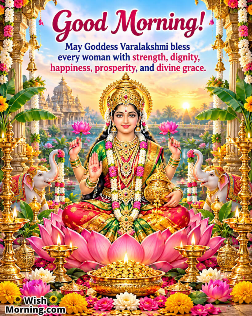 Good Morning Goddess Varalakshmi Women’s Blessing featuring Varalakshmi surrounded by auspicious decorations, symbolizing strength, dignity and prosperity.