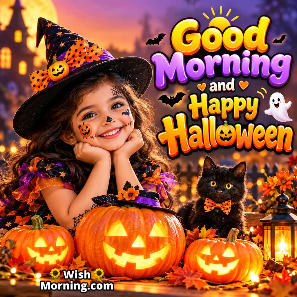 Good Morning Happy Halloween image featuring a girl with face paint near glowing pumpkins, symbolizing confidence, sparkle, and seasonal spirit.