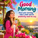 Good Morning Smile Image featuring a smiling woman enjoying a morning coffee on a flower-filled terrace overlooking the mountains, symbolising positivity and a cheerful start to the day.