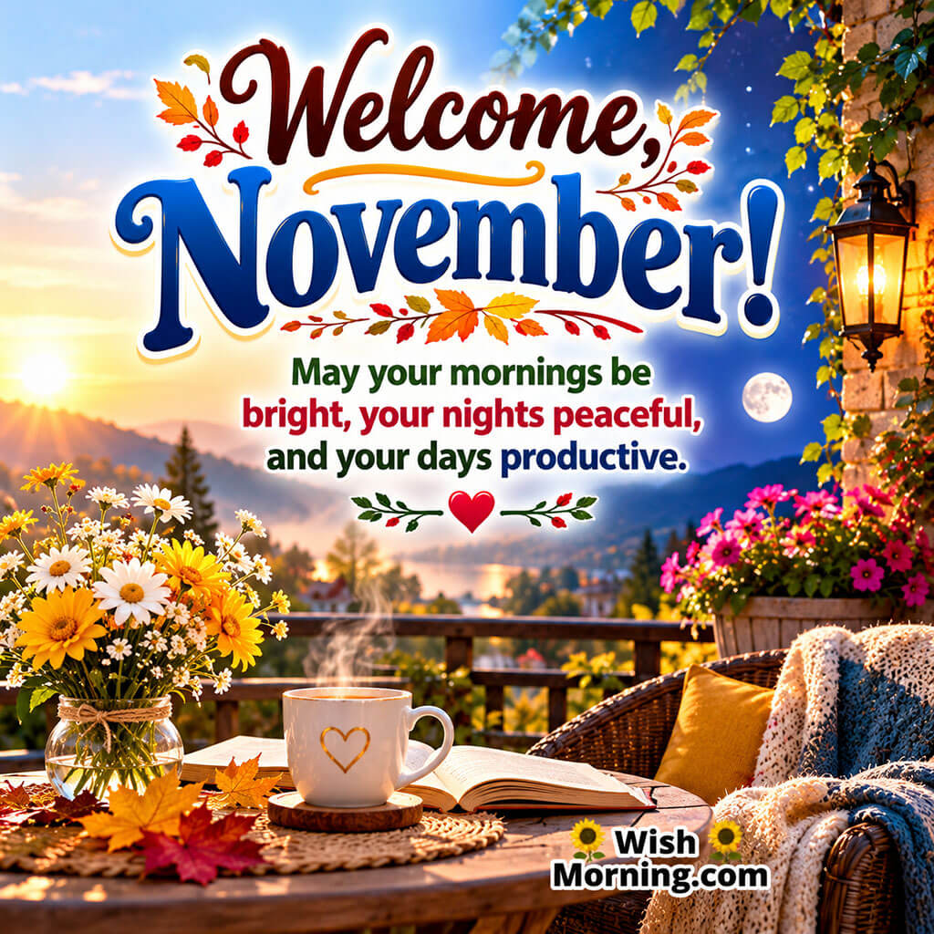 Welcome November Peaceful Morning Quote Pic featuring a lakeside sunrise, blooming daisies, a steaming coffee cup, an open book, and a cosy balcony.