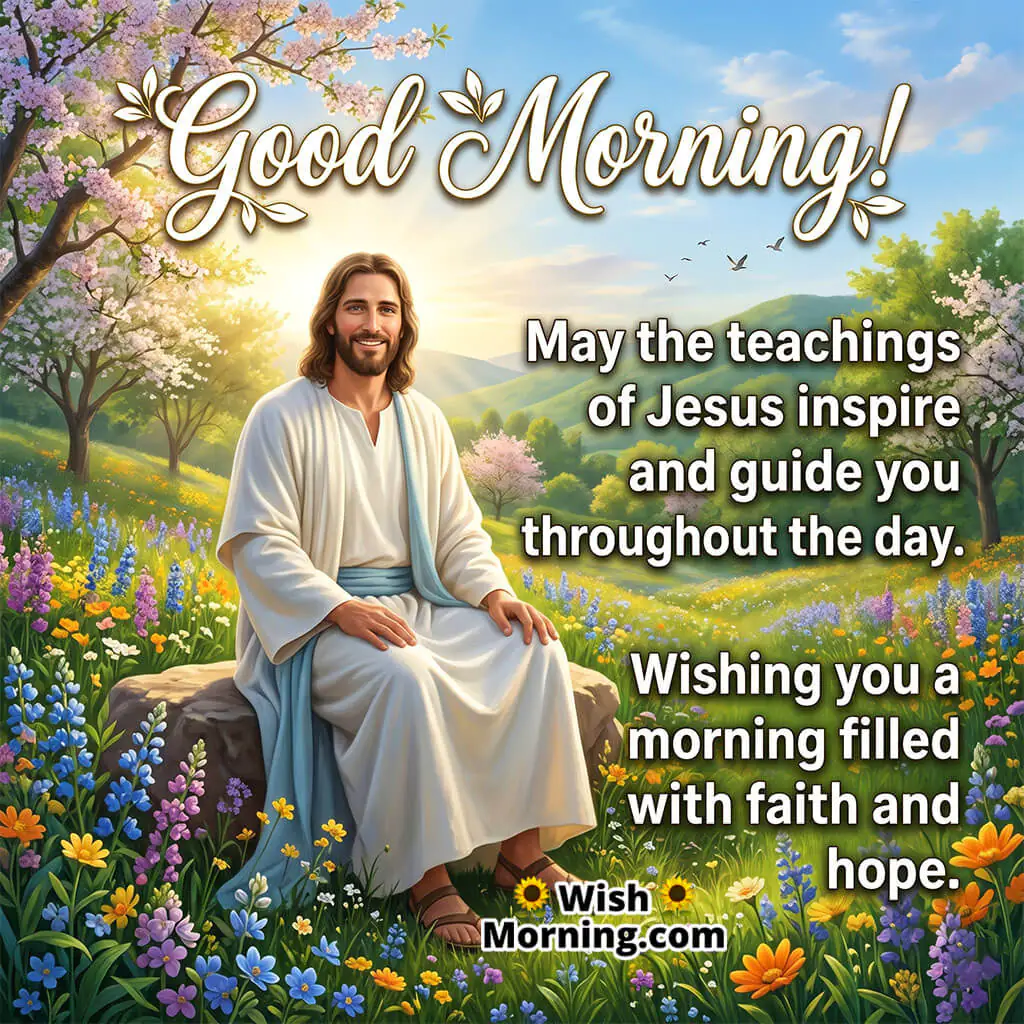 Good Morning Jesus Inspiration Message featuring Jesus sitting in a colorful flower meadow with sunrise light, symbolizing inspiration, faith, and hopeful beginning.