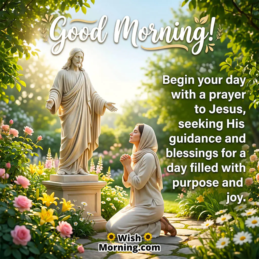 Good Morning Jesus Prayer Message featuring a peaceful garden scene with a statue of Jesus and a woman praying with folded hands, symbolizing devotion, guidance, and spiritual start to the day.