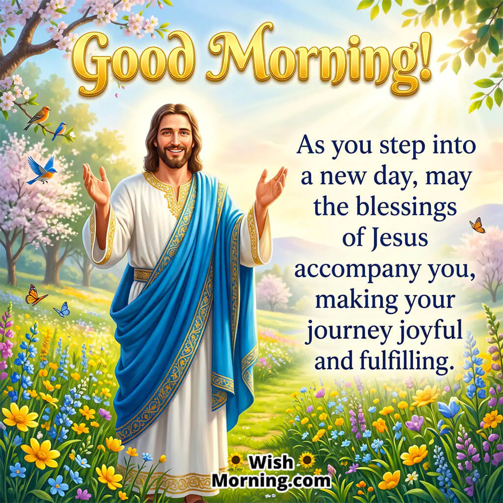 Good Morning Jesus Blessings Message featuring Jesus with open arms in a glowing sunrise landscape, symbolizing blessings, positivity, and new beginnings.