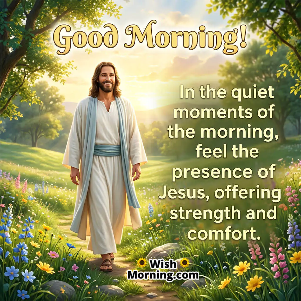 Good Morning Jesus Presence Quote featuring Jesus walking through a serene green path with soft sunlight, symbolizing peace, comfort, and divine presence.