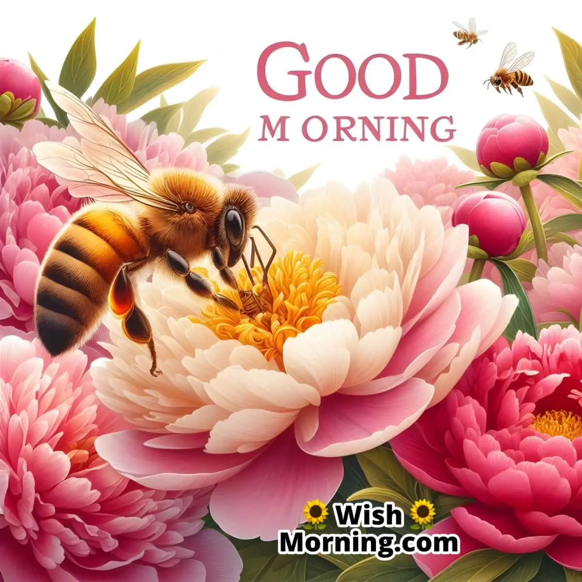 Good Morning Honey Bee On Blooming Peony