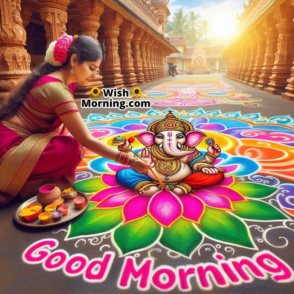 Morning Ganesha Rangoli At Temple