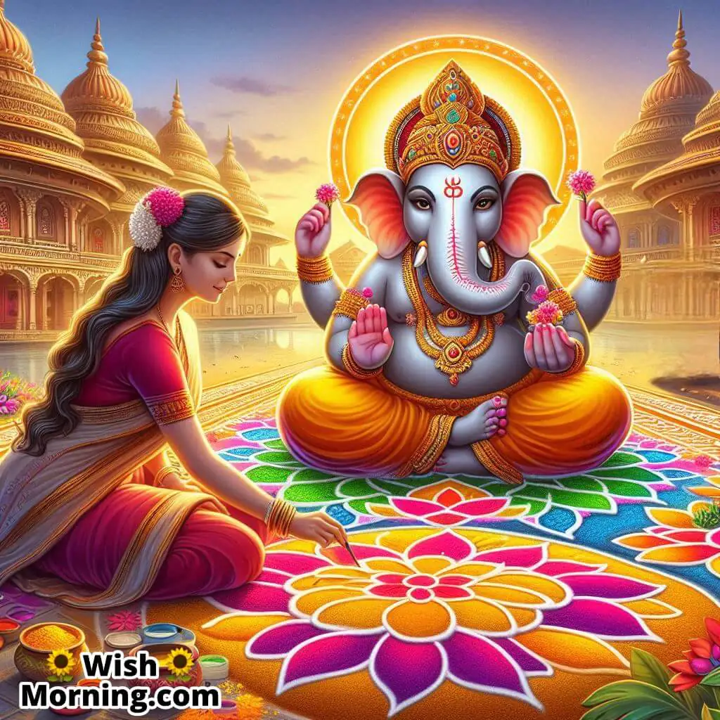 Morning Ganesha Rangoli In Temple