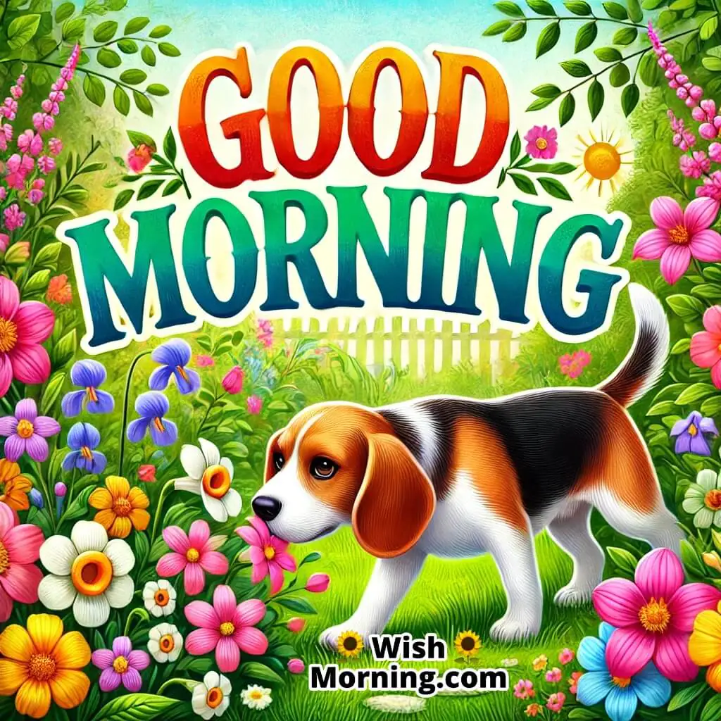 Good Morning with a beagle sniffing around a garden full of blooming flowers.