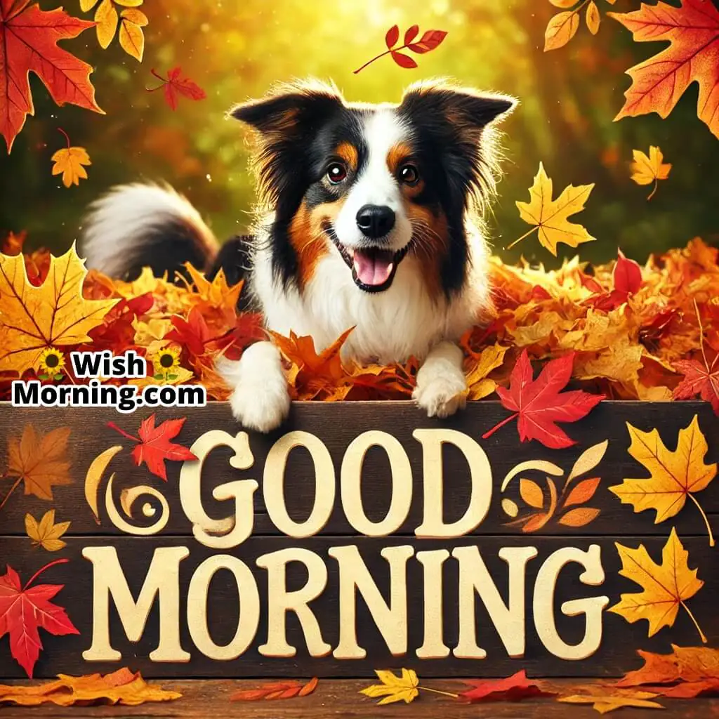 Good Morning Border Collie In Autumn Leaves