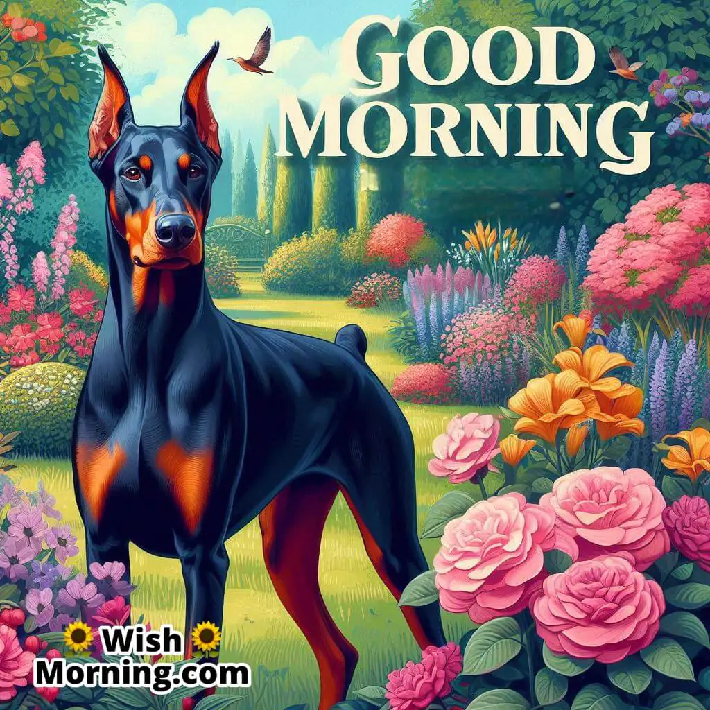 Good Morning Doberman standing in a colorful garden.