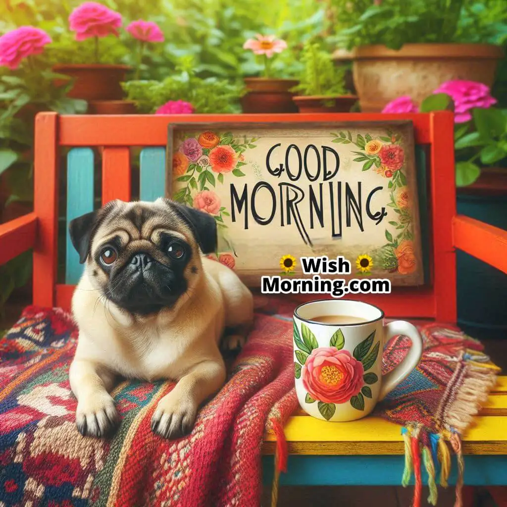 Good Morning with a pug sitting on a vibrant garden bench.