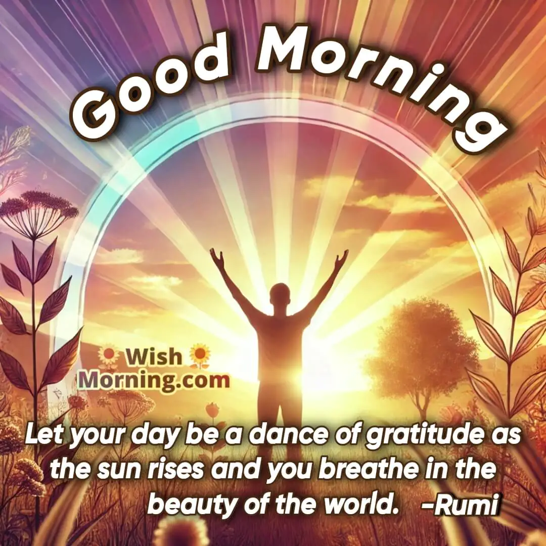 Person in a field or garden, arms raised in gratitude as the sun rises behind, warm colors capturing morning light with space for text.
