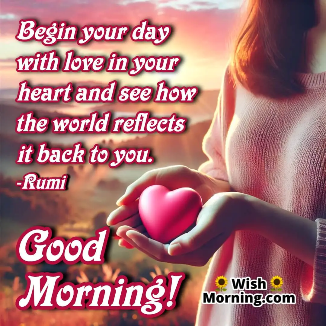 Person holding a heart-shaped object or gesture in a beautiful landscape, morning sun casting a warm glow, with soft, loving colors.