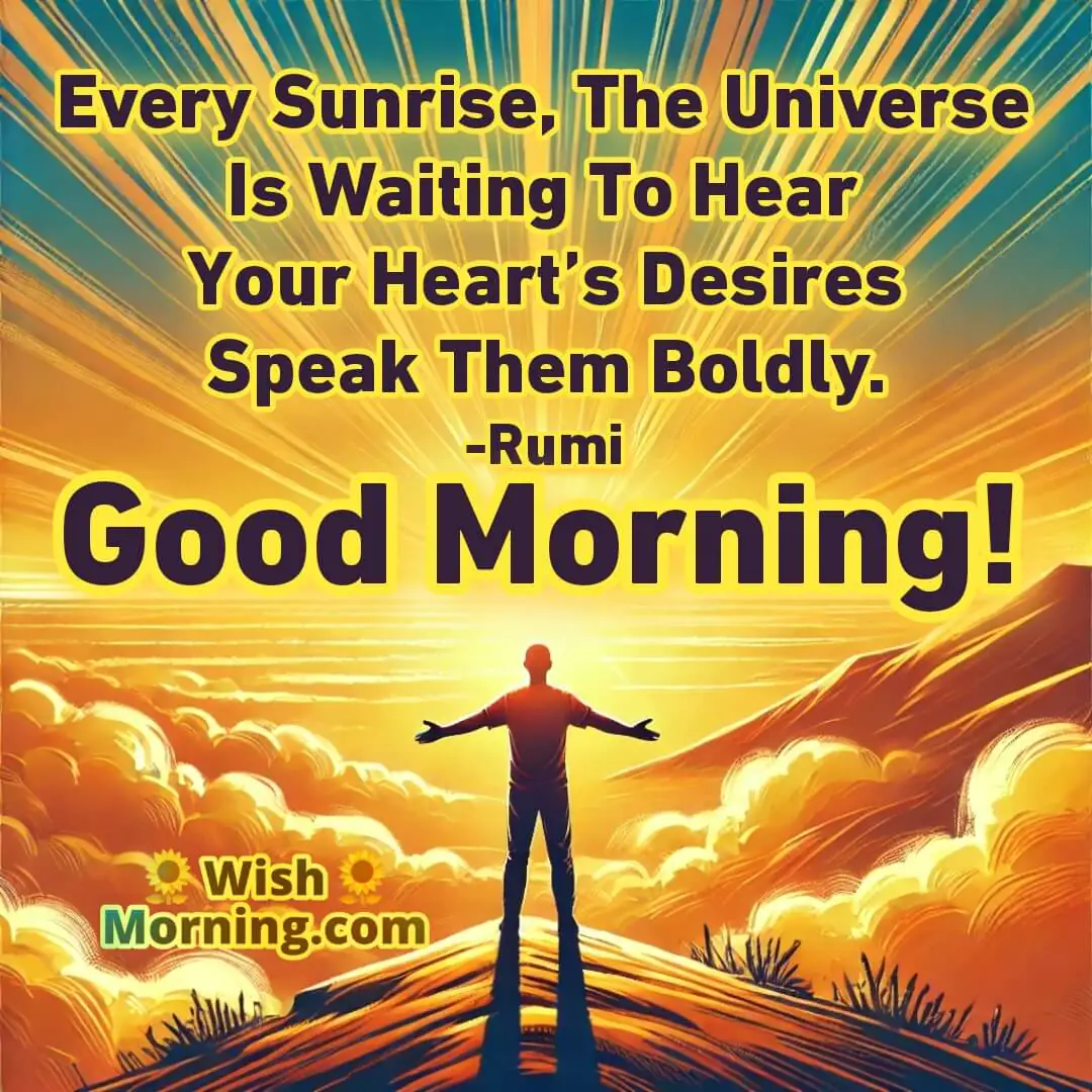 Sun peeking over the horizon, rays spreading across the sky. Person stands with open arms facing the sunrise, bright warm colors.