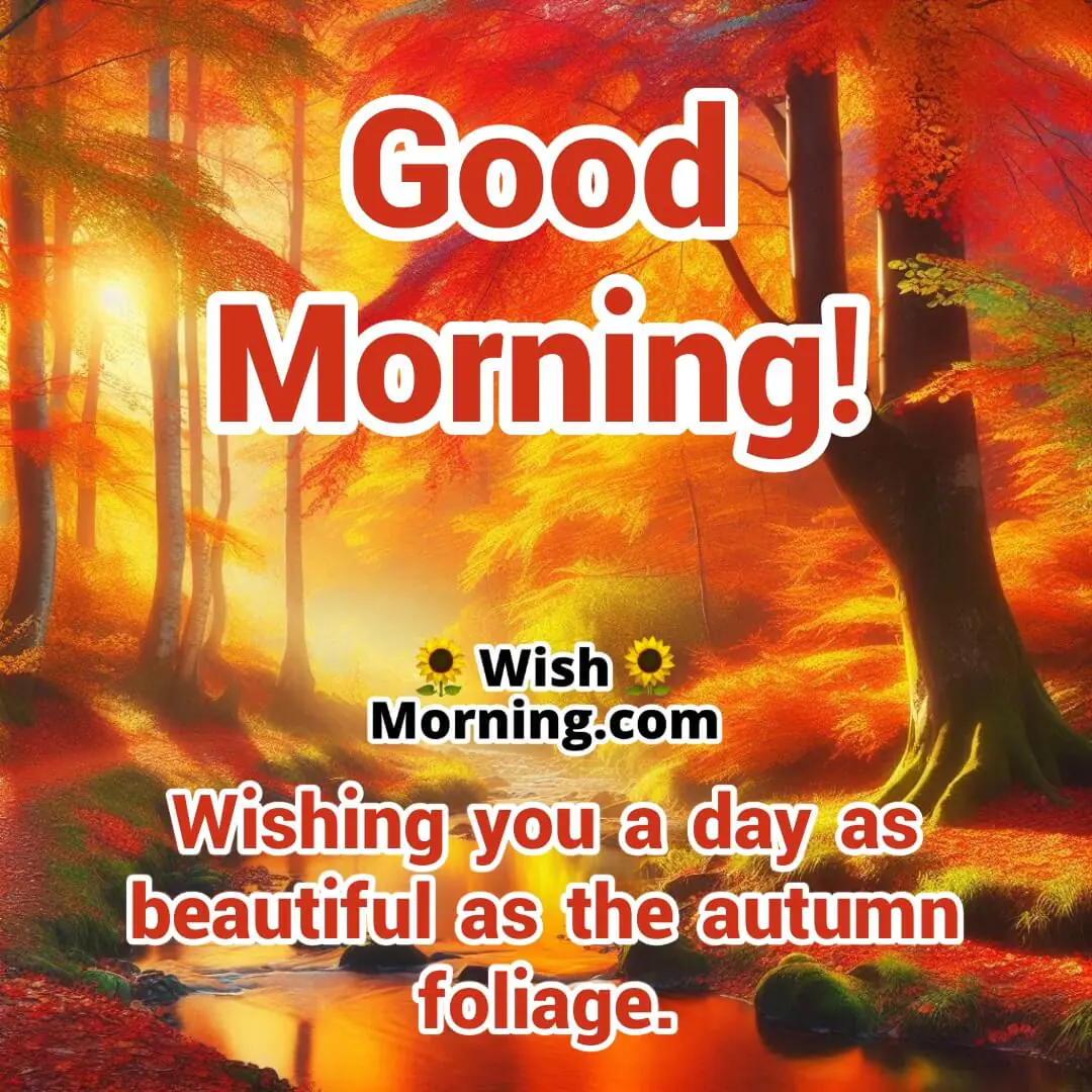 Vibrant autumn trees with brilliant hues, a gentle stream reflecting the colors, soft morning light creating warmth.