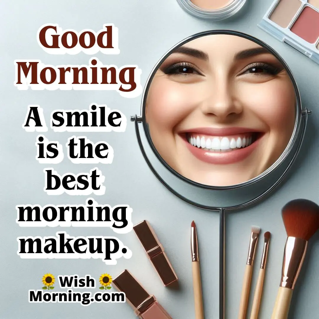 Smiling face reflected in a mirror on a vanity table with minimal makeup items, symbolizing the natural beauty of a smile.