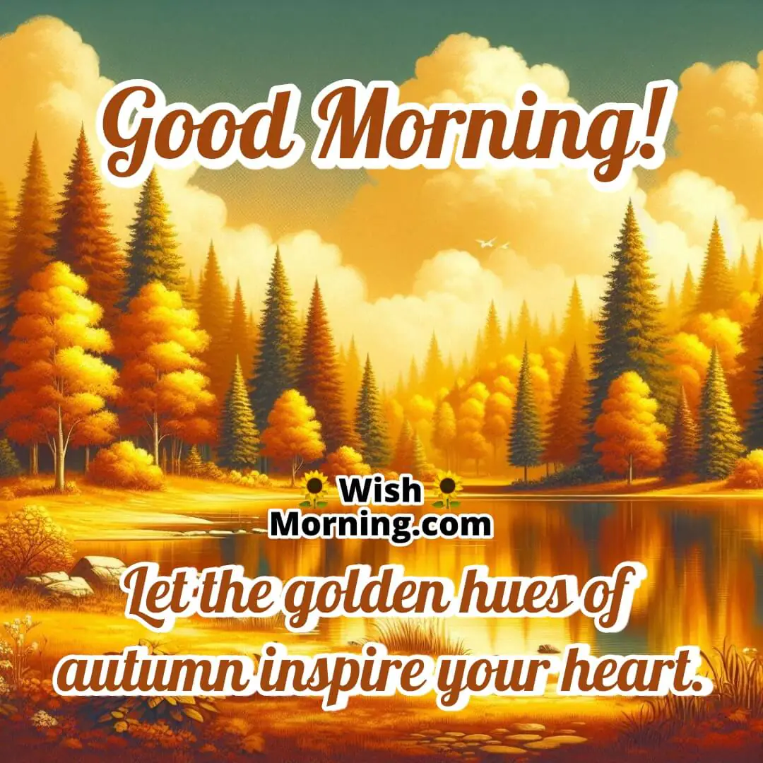 Serene lake surrounded by autumn trees with golden leaves, reflecting colors in the water, fluffy clouds in the sky.