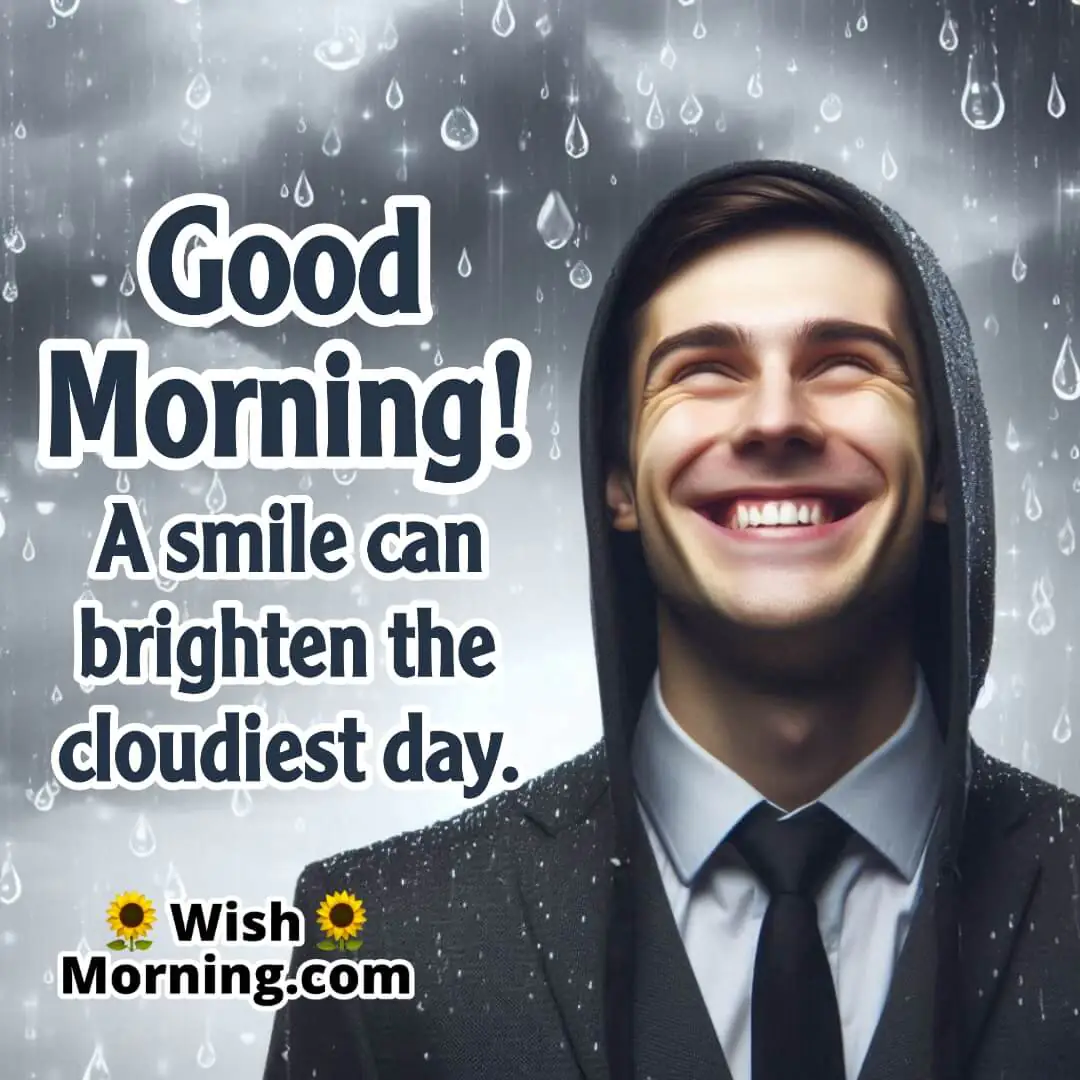 Person smiling brightly under a gray sky with raindrops around them, showcasing positivity, space for text around them.