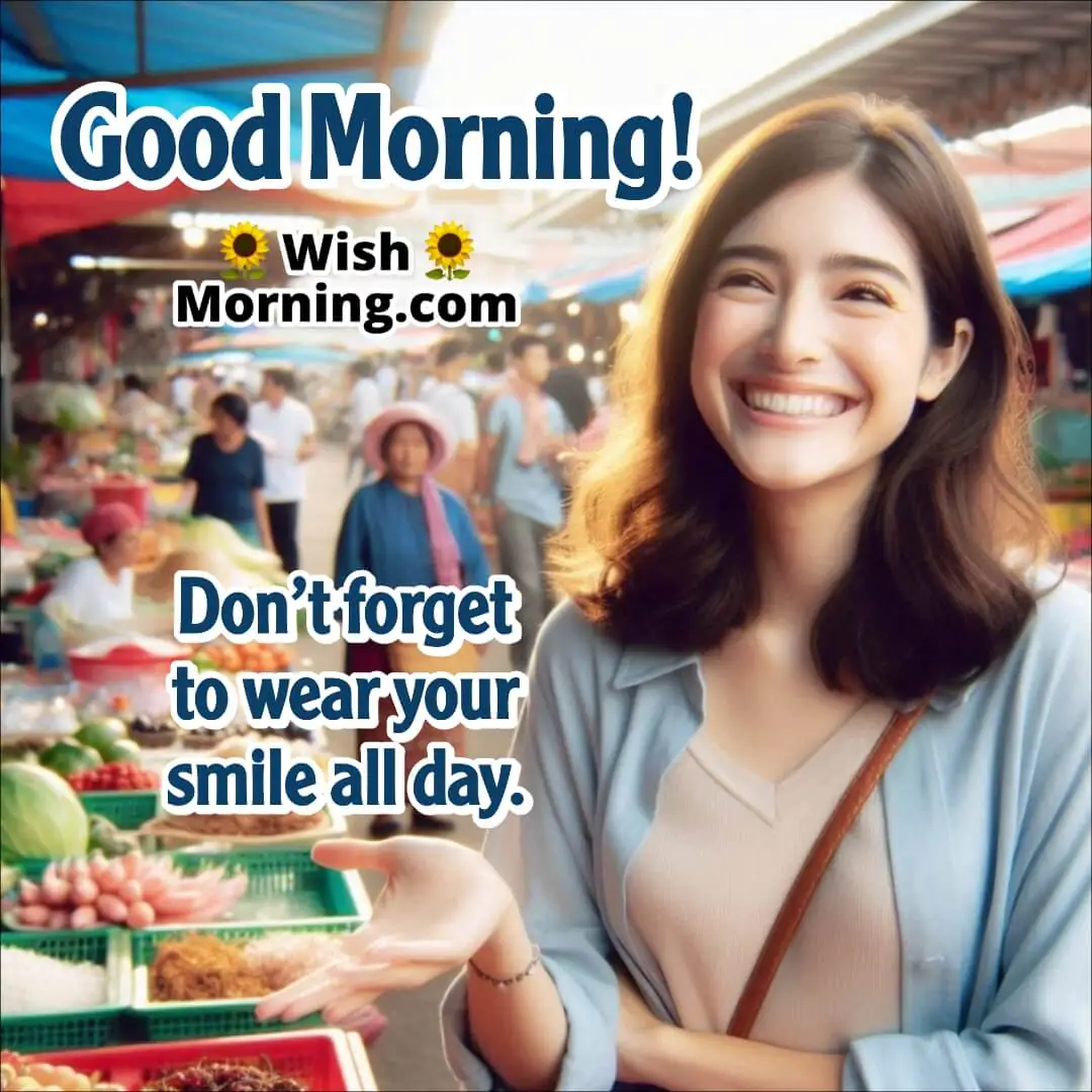 Cheerful morning market scene with a person smiling while interacting with vendors and admiring colorful stalls, space above for text.