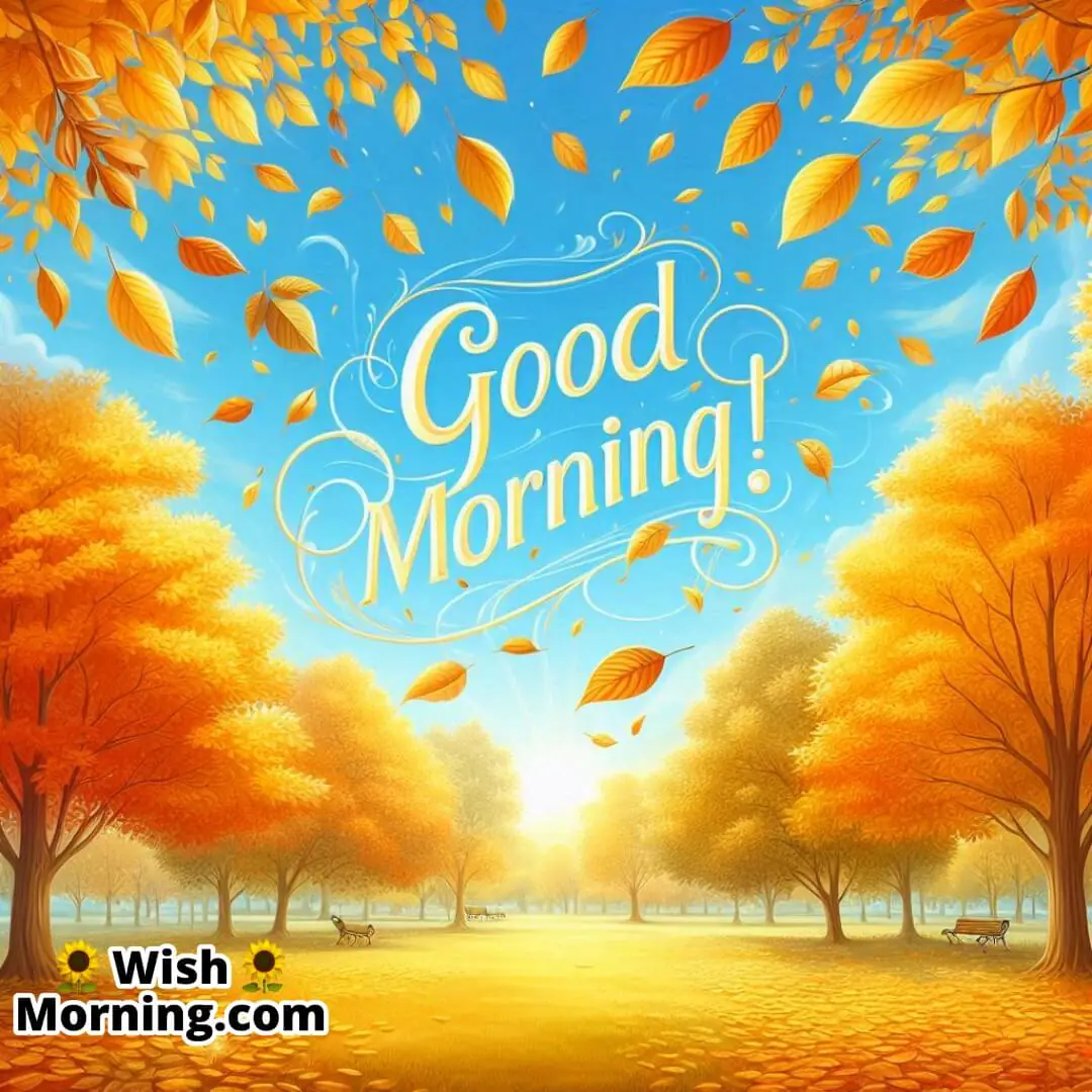 Golden autumn trees with vibrant yellow and orange leaves, casting a warm glow, with Good Morning written in the clear blue sky.
