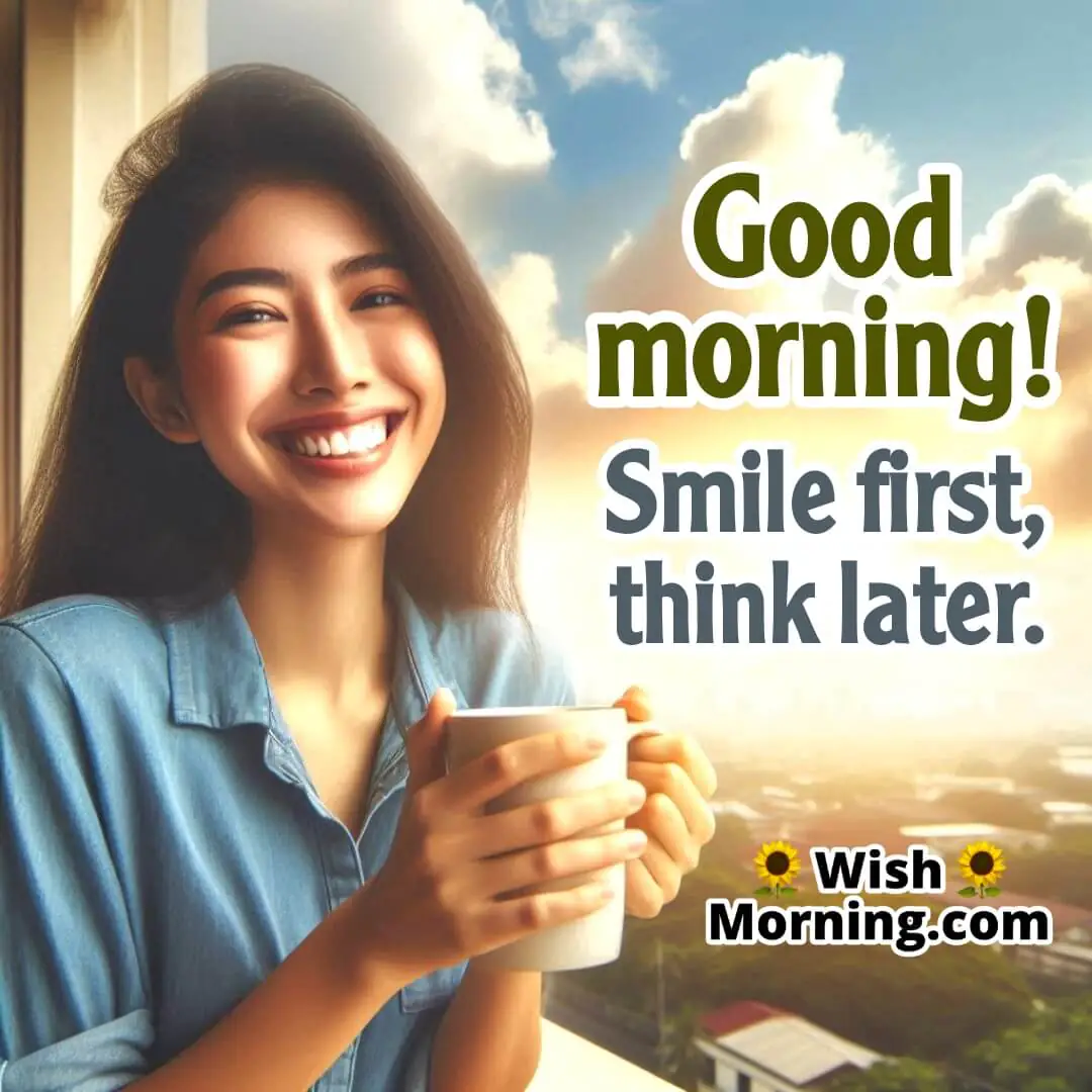Bright morning view from a balcony or rooftop with a person smiling and holding a mug, soft natural light in the background, space for text.