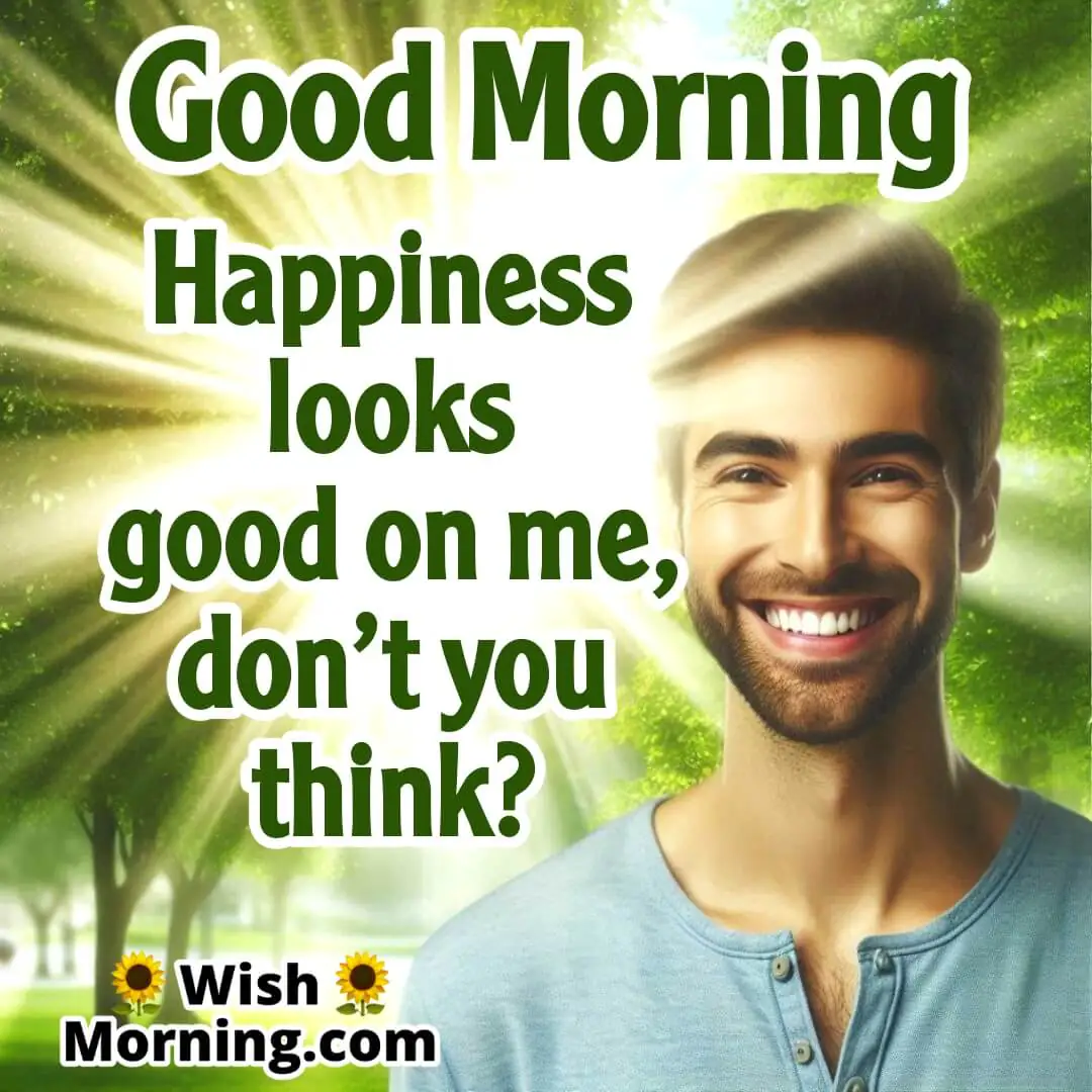 Person smiling brightly with morning sunlight streaming through lush green trees, airy look with space above for text, radiating warmth.