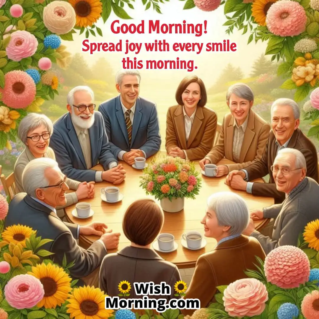Group of people at a morning gathering, all smiling and engaging, with flowers and a sunny garden in the background.