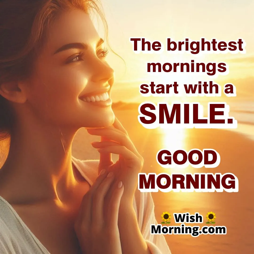 Sunrise with a warm golden glow filling the sky, a person smiling, welcoming the new day, with space for text below.