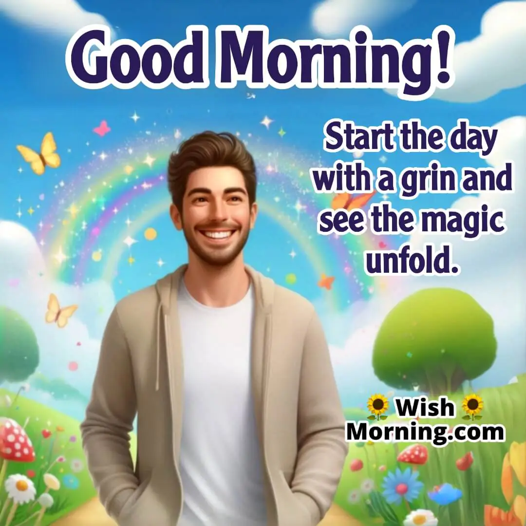 Person walking through a colorful, whimsical landscape with a big grin, surrounded by butterflies and sparkles, space for text.