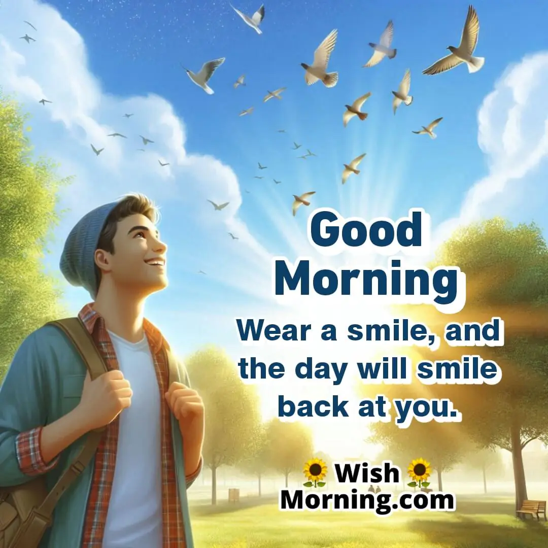 Joyful morning park scene with a person smiling, looking up at the bright sky, birds flying overhead.