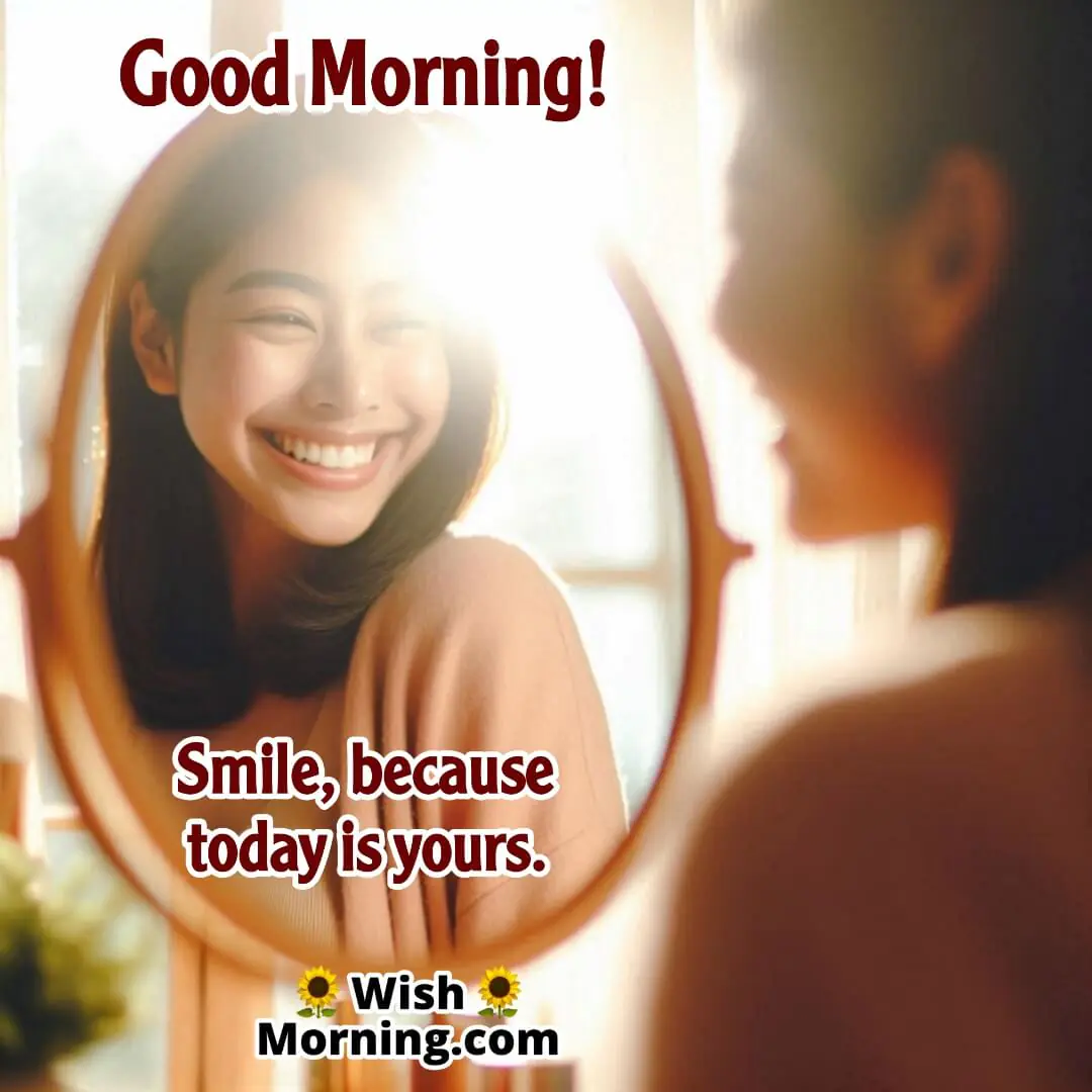 Person smiling at their reflection in a mirror, ready to embrace the day, bright and cheerful setting with sunlight.
