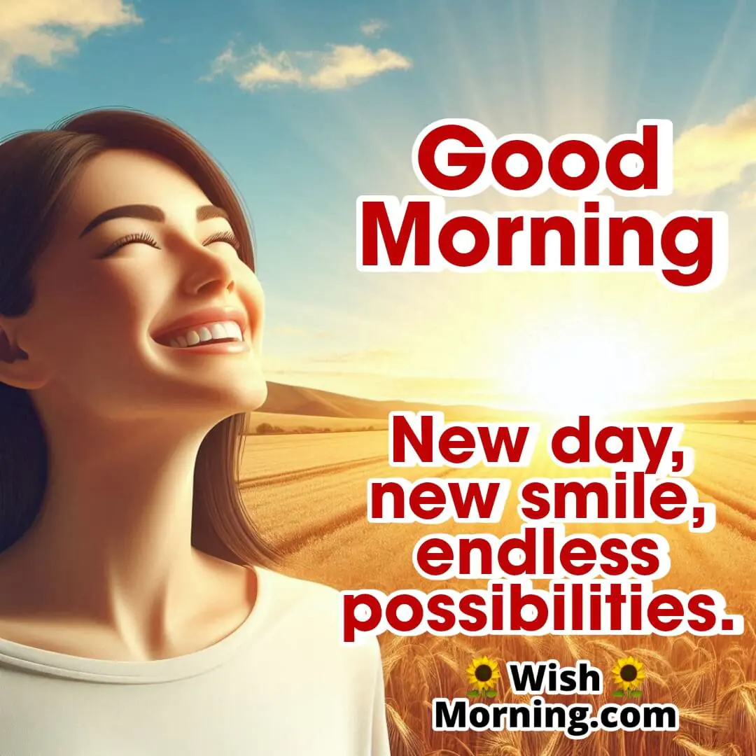 Person smiling joyfully in a sunny field, looking up at a bright open sky with warm sunlight on the horizon, space for text above.