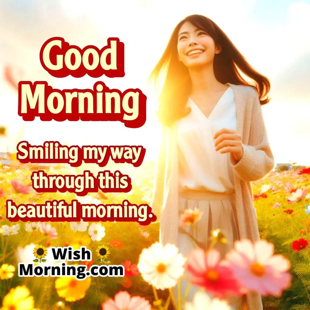 Person walking happily through a vibrant flower field, smiling with joy, background filled with sunlight, and ample space for text.
