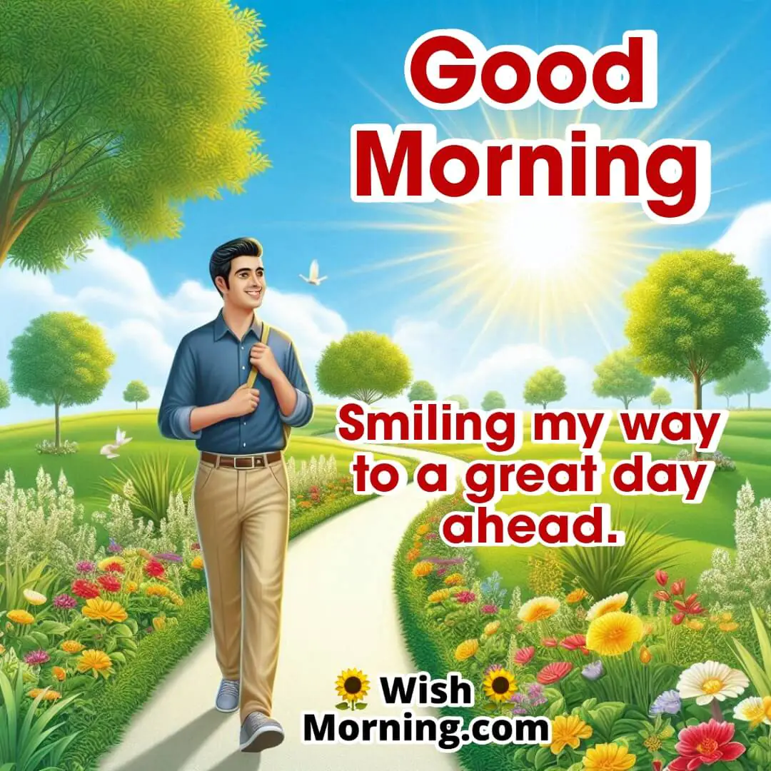 Person smiling as they walk down a winding garden path toward a bright horizon, vivid greenery and flowers, sky above for text.