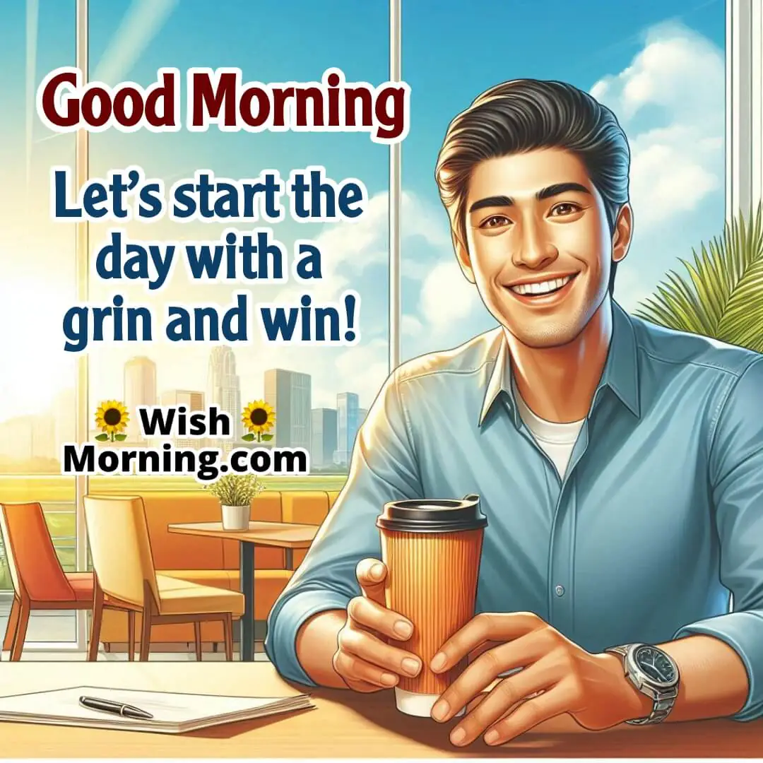Cheerful café scene with a person smiling while holding a coffee cup, sunny view in the background, with room for text.