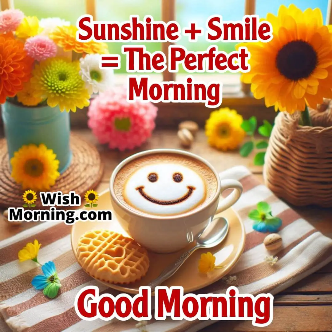Sun-drenched breakfast table by a window with a coffee cup featuring a smiley face in foam, colorful flowers, and sunlight streaming in.