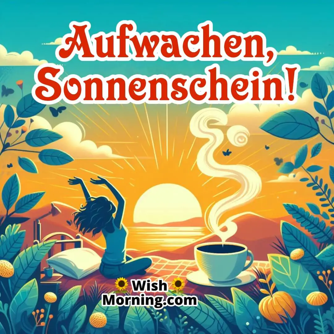 A person waking up background with Aufwachen, Sonnenschein text