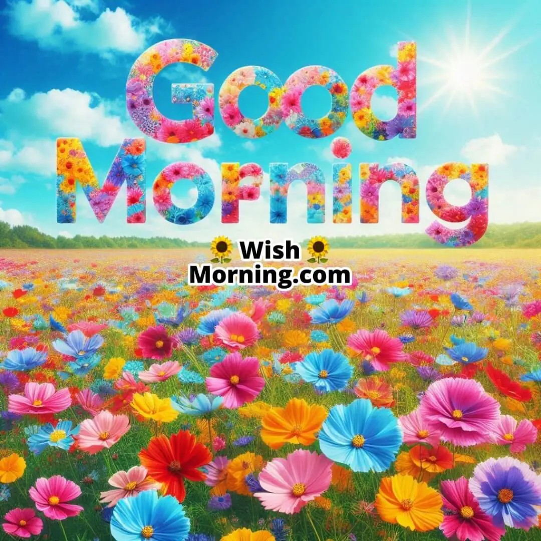 Field of colorful wildflowers under a blue sky; joyful Good Morning text blends with the vibrant view.