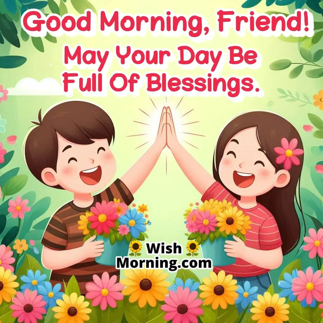 Two friends in a garden exchanging high-fives, smiling brightly with blooming flowers in the lively background.